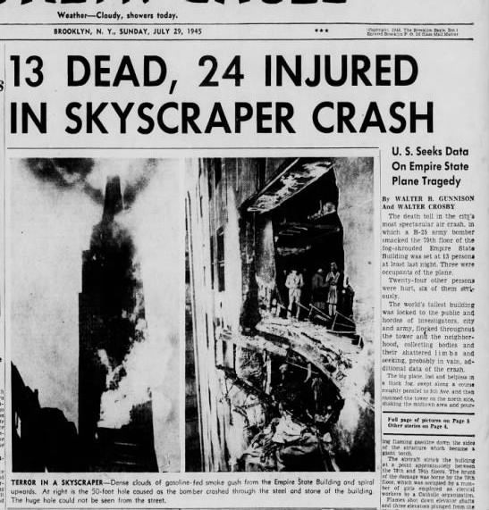 B 25 plane crashed into the Empire State Building, New York City in 1945
