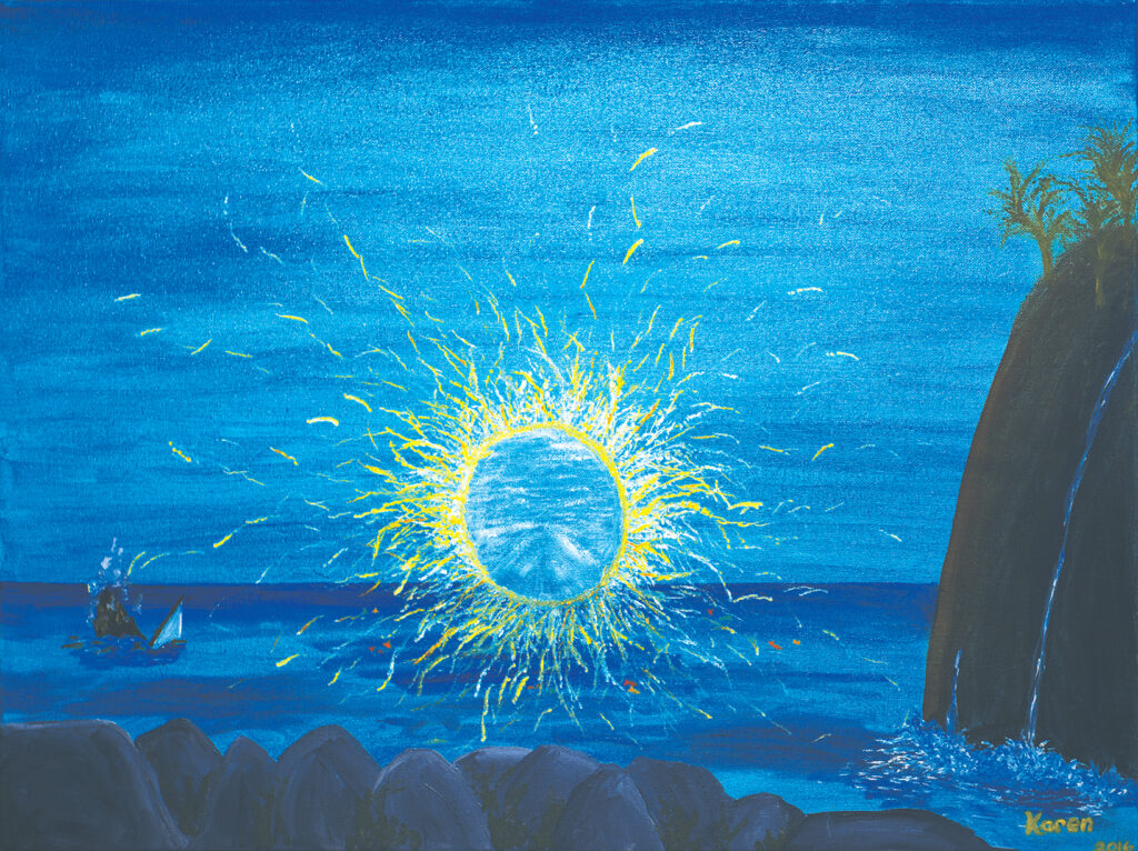 The final day in a past life. A boating accident on the dark seas allows this final vision of a past life to come through in a painting. The Light appears waiting, hovering over the ocean. Karen Kubicko utilizes the intuitive psychic skill of sight (Clairvoyance) and hearing (Clairaudience) to bring visions of spiritual events to the canvas. Karen uses oils, acrylic, and paper to bring these visions to life.