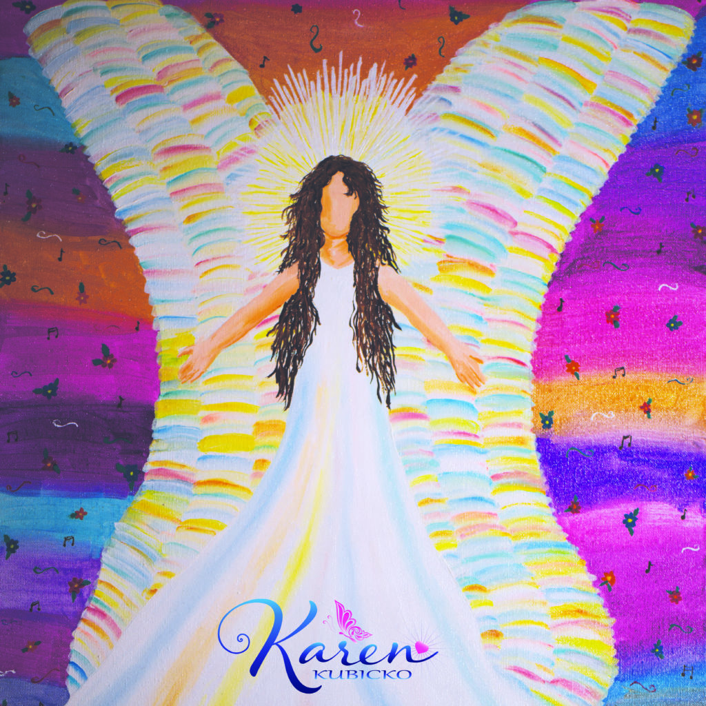 Healing Angel painting. Healing angel radiates all the chakra colors as they provide healing energy to you. Painting by Karen Kubicko, Past Life Regressionist and Psychic Intuitive who works with people willing to heal on a deep emotional and energetic level.