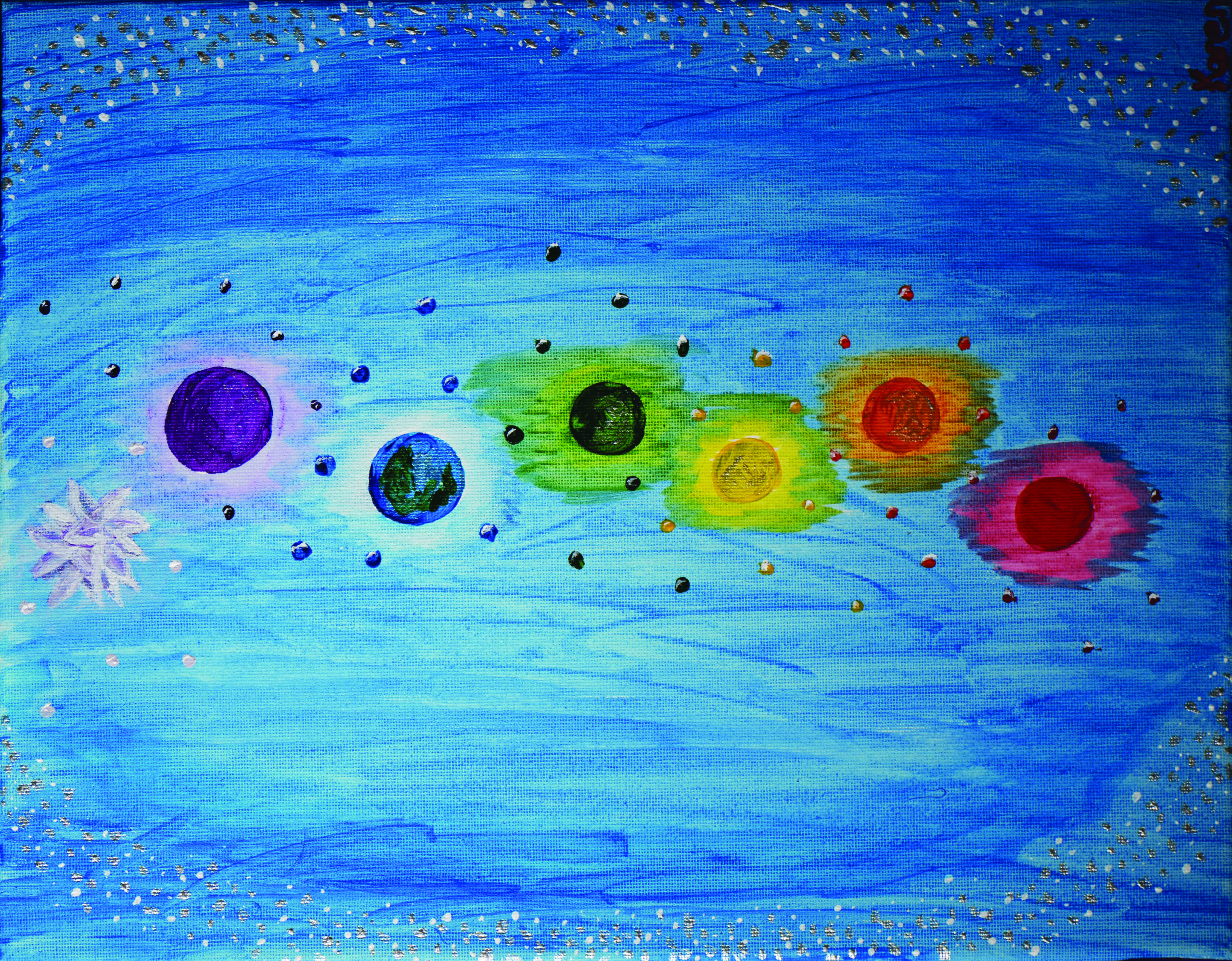 The chakras of the universe as seen in a vision. Karen Kubicko utilizes the intuitive psychic skill of sight (Clairvoyance) and hearing (Clairaudience) to bring visions of spiritual events to the canvas. All art is infused with healing Reiki energy. Karen uses oils, acrylic, and paper to bring these visions to life.