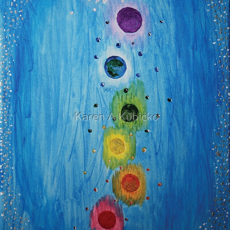 Chakras of the Universe as seen in a vision by Karen Kubicko. Karen Kubicko utilizes the intuitive psychic skill of sight (Clairvoyance) and hearing (Clairaudience) to bring visions of spiritual events to the canvas. All art is infused with healing Reiki energy. Karen uses oils, acrylic, and paper to bring these visions to life.