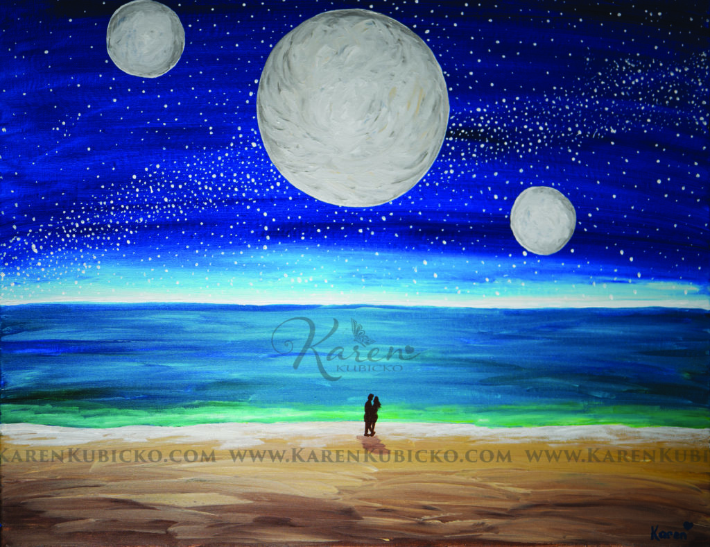 A couple embraces under the Milky Way and one large full moon flanked by two smaller moons in a star-filled night sky. They stand near the shores edge by the beach. Karen Kubicko utilizes the intuitive psychic skill of sight (Clairvoyance) and hearing (Clairaudience) to bring visions of spiritual events to the canvas. All art is infused with healing Reiki energy. Karen uses oils, acrylic, and paper to bring these visions to life.