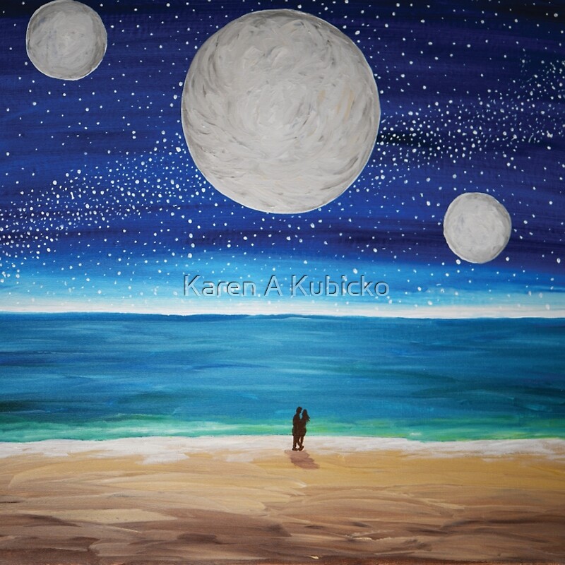 A couple embraces under the Milky Way and one large full moon flanked by two smaller moons in a star-filled night sky. They stand near the shores edge by the beach. Karen Kubicko utilizes the intuitive psychic skill of sight (Clairvoyance) and hearing (Clairaudience) to bring visions of spiritual events to the canvas. All art is infused with healing Reiki energy. Karen uses oils, acrylic, and paper to bring these visions to life.