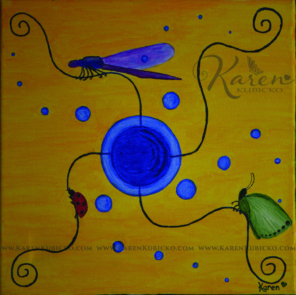 A purple dragonfly, a green butterfly and a little red ladybug rest on strings of Fibonacci swirls as blue bubbles float past on a yellow background. Karen Kubicko utilizes the intuitive psychic skill of sight (Clairvoyance) and hearing (Clairaudience) to bring visions of spiritual events to the canvas. All art is infused with healing Reiki energy. Karen uses oils, acrylic, and paper to bring these visions to life.