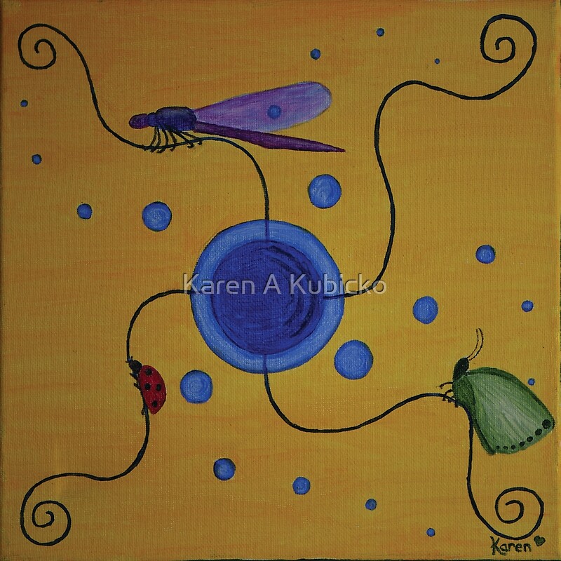 A purple dragonfly, a green butterfly and a little red ladybug rest on strings of Fibonacci swirls as blue bubbles float past on a yellow background. Karen Kubicko utilizes the intuitive psychic skill of sight (Clairvoyance) and hearing (Clairaudience) to bring visions of spiritual events to the canvas. All art is infused with healing Reiki energy. Karen uses oils, acrylic, and paper to bring these visions to life.