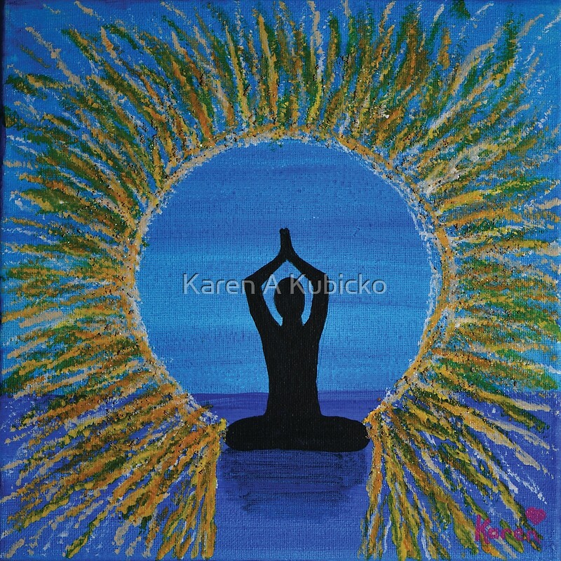 A person sits in a seated yoga position. They are passed over and have entered The Light that goes into Heaven. The Light radiates all around. Karen Kubicko utilizes the intuitive psychic skill of sight (Clairvoyance) and hearing (Clairaudience) to bring visions of spiritual events to the canvas. All art is infused with healing Reiki energy. Karen uses oils, acrylic, and paper to bring these visions to life.