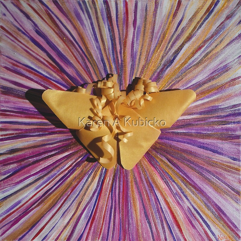 A golden origami butterfly sits on top of a radiant purple, golden, magenta, colorful streams of light. Karen Kubicko utilizes the intuitive psychic skill of sight (Clairvoyance) and hearing (Clairaudience) to bring visions of spiritual events to the canvas. All art is infused with healing Reiki energy. Karen uses oils, acrylic, and paper to bring these visions to life.