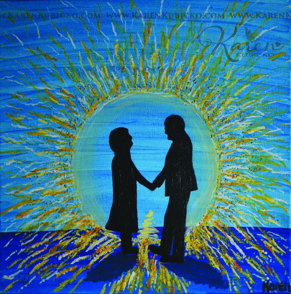 Loving couple who have passed over, gazing into each other's eyes as the begin to enter The Light in order to go to Heaven together. Painting by Karen Kubicko