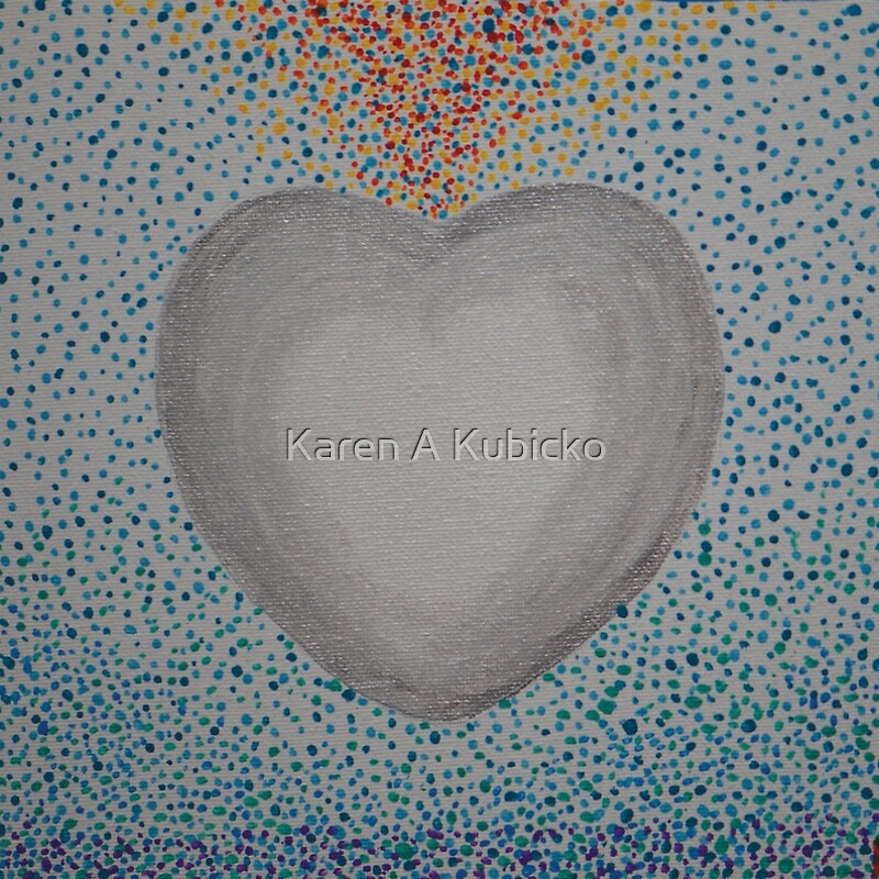 a large silver heart is surrounded by dots of shades of teal and blue with red, yellow and orange dots bursting out of the top of the heart.  The heart is connecting to chakra energy. Karen Kubicko utilizes the intuitive psychic skill of sight (Clairvoyance) and hearing (Clairaudience) to bring visions of spiritual events to the canvas. All art is infused with healing Reiki energy. Karen uses oils, acrylic, and paper to bring these visions to life.