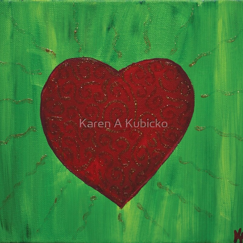 Red heart with filagree golden glittery Fibonacci swirls while more golden rays radiate from the heart. The green background epitomizes the heart chakra color. This heart is filled with unconditional healing love energy. Karen Kubicko utilizes the intuitive psychic skill of sight (Clairvoyance) and hearing (Clairaudience) to bring visions of spiritual events to the canvas. All art is infused with healing Reiki energy. Karen uses oils, acrylic, and paper to bring these visions to life.