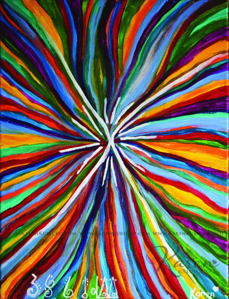 Light language bursting down through the chakras in many colors. Karen Kubicko utilizes the intuitive psychic skill of sight (Clairvoyance) and hearing (Clairaudience) to bring visions of spiritual events to the canvas. All art is infused with healing Reiki energy. Karen uses oils, acrylic, and paper to bring these visions to life.