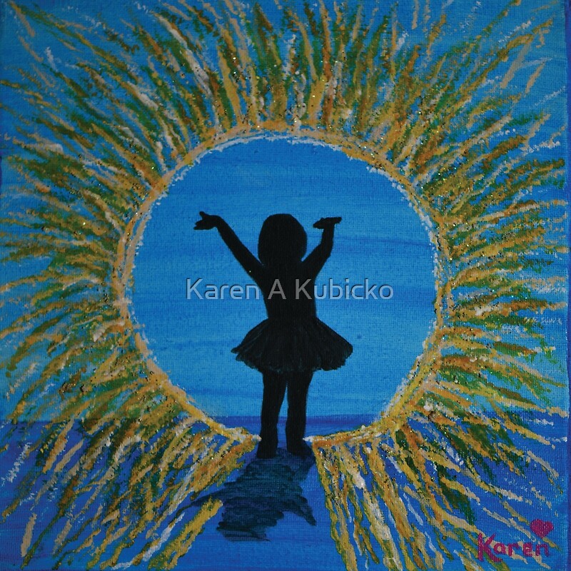 Little girl dressed in a tutu has died. She  passed over and now is entering The Light into Heaven. Her hands are raised up reaching to the sky. The Light radiates around her in shades of gold and glitter over a blue background. Karen Kubicko utilizes the intuitive psychic skill of sight (Clairvoyance) and hearing (Clairaudience) to bring visions of spiritual events to the canvas. All art is infused with healing Reiki energy. Karen uses oils, acrylic, and paper to bring these visions to life.