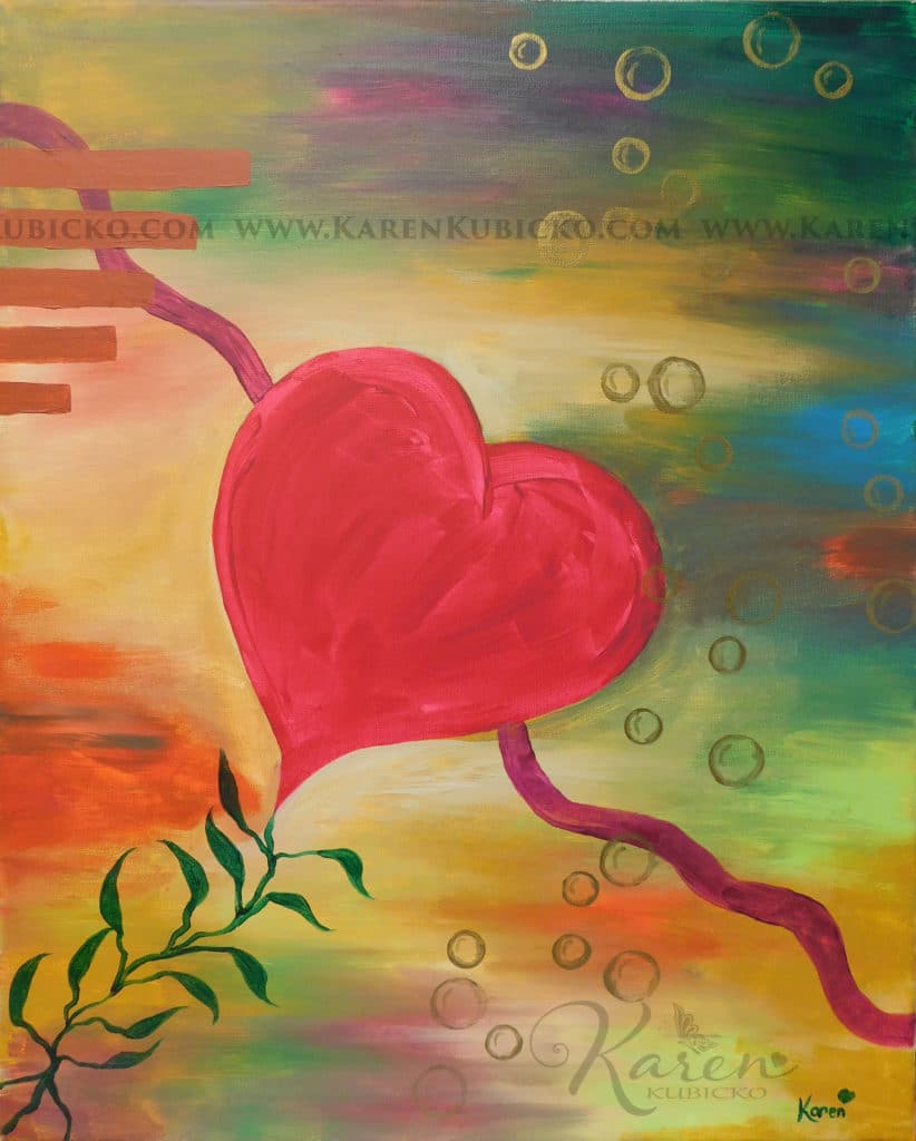 My Loving Heart with arteries connecting to the world around it. Bubbles of love energy float past. as healing energy of the chakras fill the background. Leaves grow to the heart connecting and grounding its energy. Karen Kubicko utilizes the intuitive psychic skill of sight (Clairvoyance) and hearing (Clairaudience) to bring visions of spiritual events to the canvas. All art is infused with healing Reiki energy. Karen uses oils, acrylic, and paper to bring these visions to life.