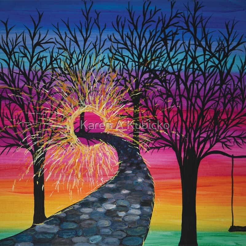 Follow the path to The Light. A rainbow, colorful sky fills the background, emphasizing the trees showing growth. A child's swing rests. Karen Kubicko utilizes the intuitive psychic skill of sight (Clairvoyance) and hearing (Clairaudience) to bring visions of spiritual events to the canvas. All art is infused with healing Reiki energy. Karen uses oils, acrylic, and paper to bring these visions to life.