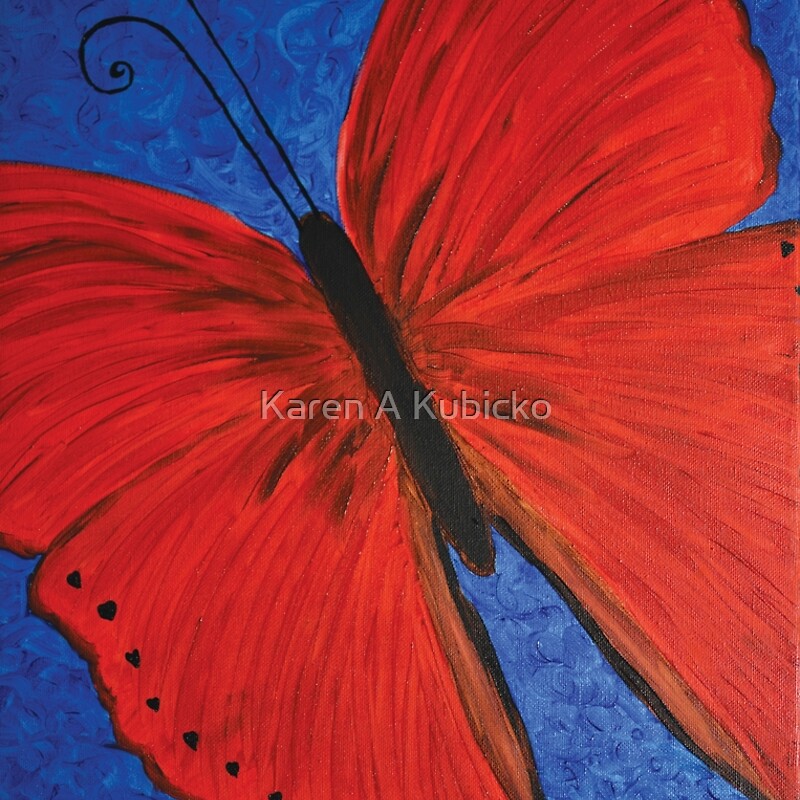 Large red butterfly flying high in a deep blue morning sky. The red coloring signifies the root chakra. Fibonacci spirals can be found in the butterfly's antennas. Karen Kubicko utilizes the intuitive psychic skill of sight (Clairvoyance) and hearing (Clairaudience) to bring visions of spiritual events to the canvas. All art is infused with healing Reiki energy. Karen uses oils, acrylic, and paper to bring these visions to life.