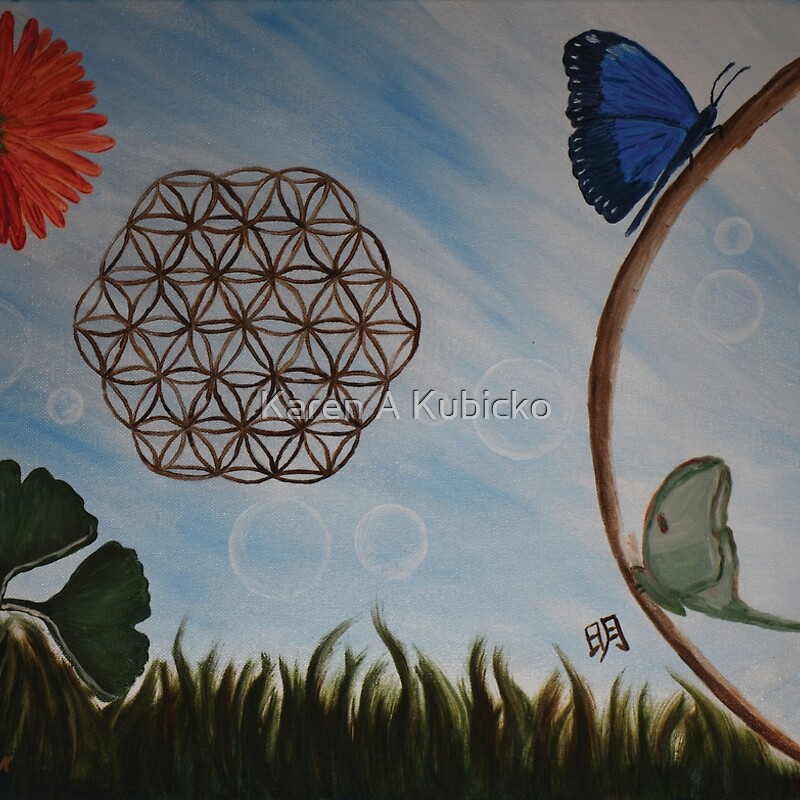 Part 1 of 2 Paintings called "Spiritual Awakening". It includes The Flower of Life, bubbles of light, Ginkgo tree leaves, Gerbera Daisy, blue butterfly, part of the Fibonacci spiral, Chinese character for enlightenment and light emanating from the center of the painting. Karen Kubicko utilizes the intuitive psychic skill of sight (Clairvoyance) and hearing (Clairaudience) to bring visions of spiritual events to the canvas. All art is infused with healing Reiki energy. Karen uses oils, acrylic, and paper to bring these visions to life.