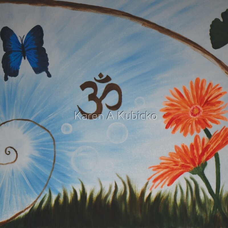 Part 2 of 2 Paintings called "Spiritual Awakening". It includes Om symbol, bubbles of light, Ginkgo tree leaves, Gerbera Daisy, blue butterfly, part of the Fibonacci spiral, and light emanating from the center of the painting. Karen Kubicko utilizes the intuitive psychic skill of sight (Clairvoyance) and hearing (Clairaudience) to bring visions of spiritual events to the canvas. All art is infused with healing Reiki energy. Karen uses oils, acrylic, and paper to bring these visions to life.