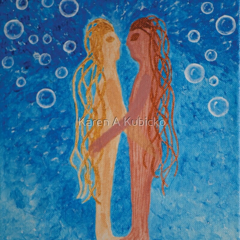 Two energetic beings connecting as one. Bubbles of energy float around them as they gaze into each other's eyes. Karen Kubicko utilizes the intuitive psychic skill of sight (Clairvoyance) and hearing (Clairaudience) to bring visions of spiritual events to the canvas. All art is infused with healing Reiki energy. Karen uses oils, acrylic, and paper to bring these visions to life.