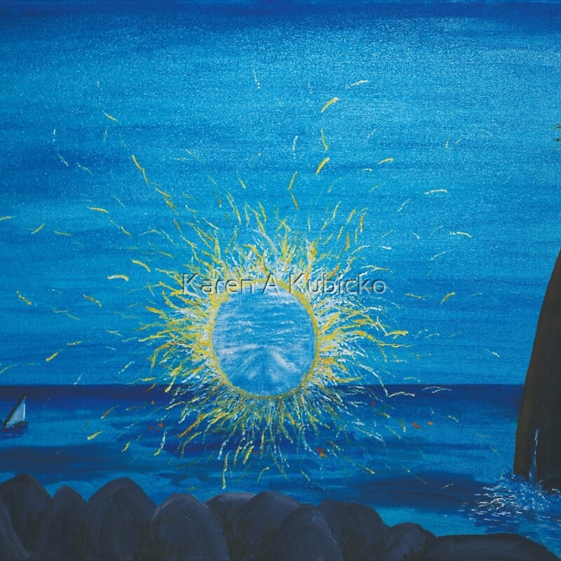 The final day in a past life. A boating accident on the dark seas allows this final vision of a past life to come through in a painting. The Light appears waiting, hovering over the ocean. Karen Kubicko utilizes the intuitive psychic skill of sight (Clairvoyance) and hearing (Clairaudience) to bring visions of spiritual events to the canvas. All art is infused with healing Reiki energy. Karen uses oils, acrylic, and paper to bring these visions to life.
