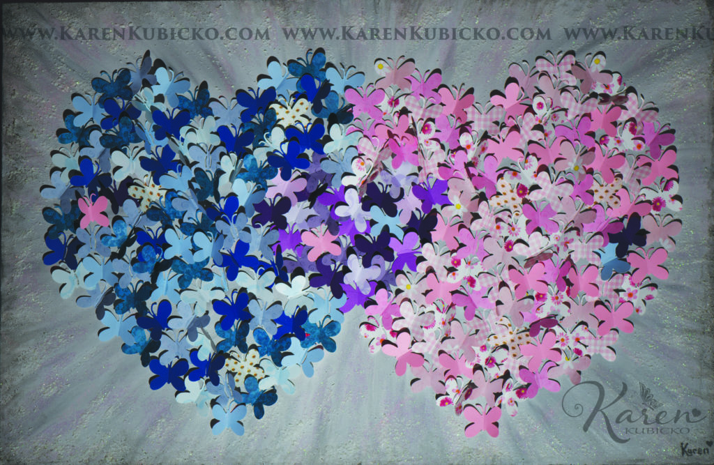 Butterfly heart merging into one. Pink and Blue become Purple hearts. Karen Kubicko utilizes the intuitive psychic skill of sight (Clairvoyance) and hearing (Clairaudience) to bring visions of spiritual events to the canvas. All art is infused with healing Reiki energy. Karen uses oils, acrylic, and paper to bring these visions to life.