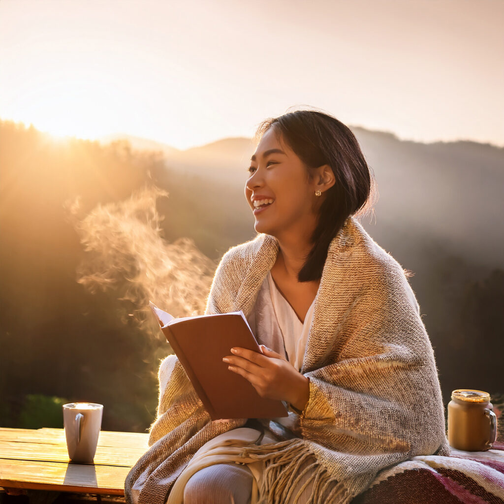 woman journaling with coffee outside listening to Metaphysically Minded™ Live Online Workshops
