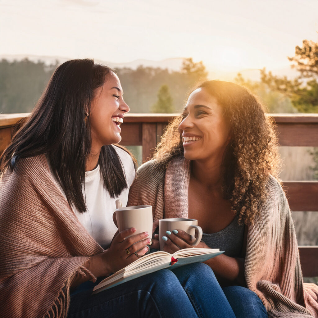 2 women enjoying coffee outside with journal