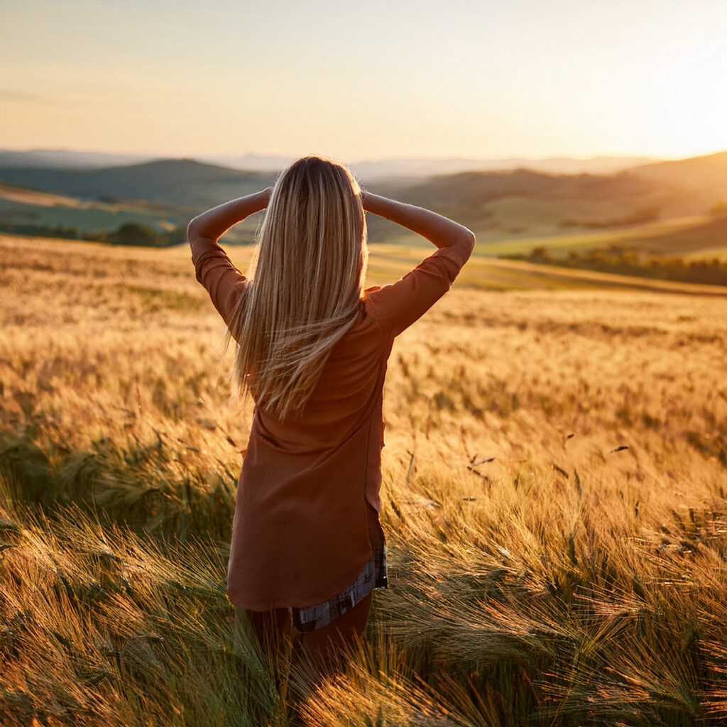 woman in field hands on forehead