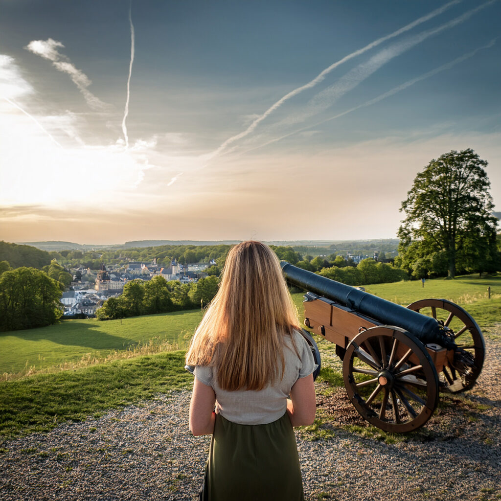 woman looking over hill with cannon