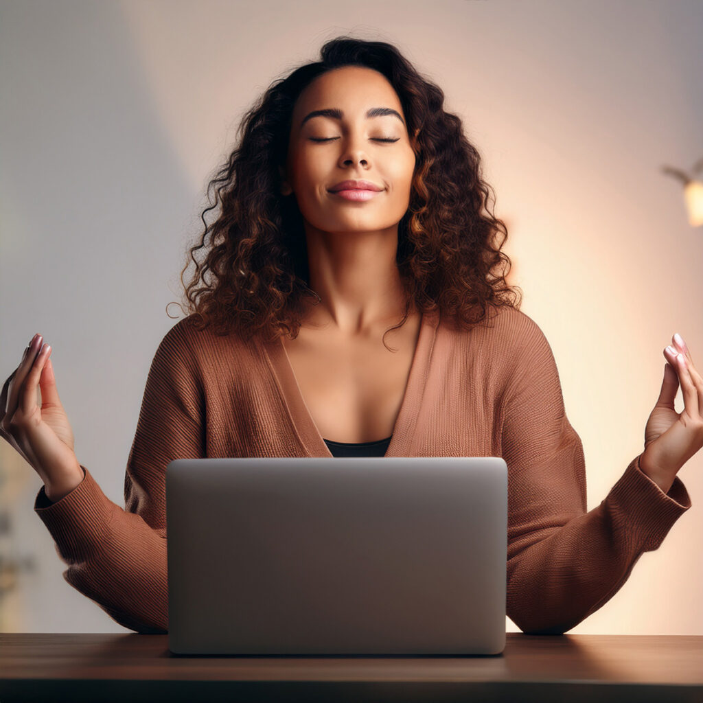 Woman meditating while listening to Metaphysically Minded™ Live Online Workshops