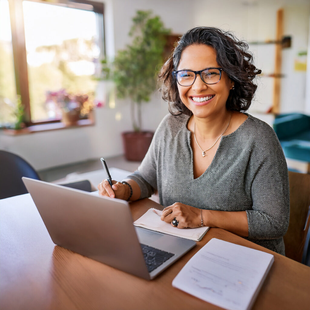 woman taking notes in front of laptop listening to Metaphysically Minded™ Live Online Workshops