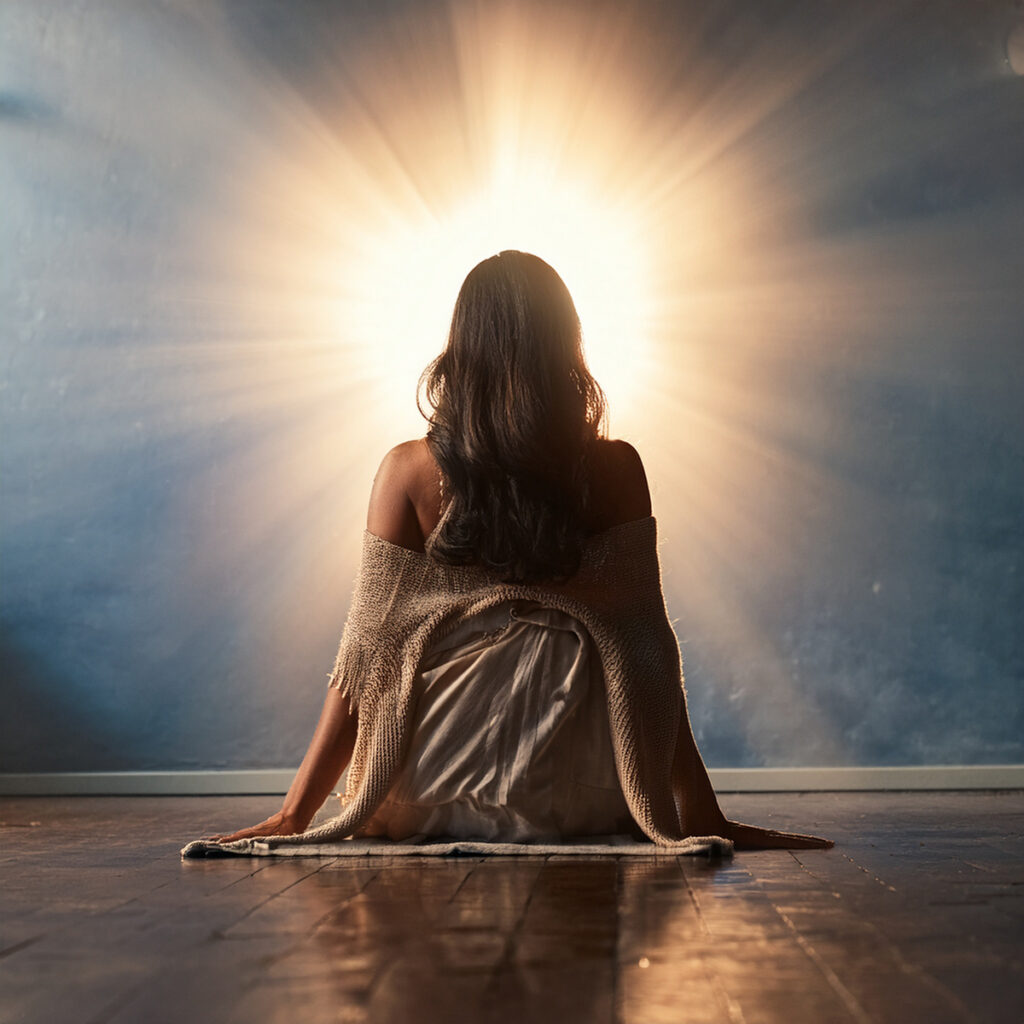 woman illuminated with intuitive information from Metaphysically Minded™ Live Online Workshops